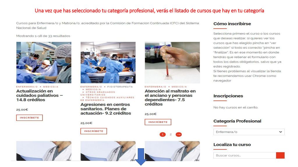 Una vez que has seleccionado tu categoría profesional, verás el listado de cursos que hay en tu categoría