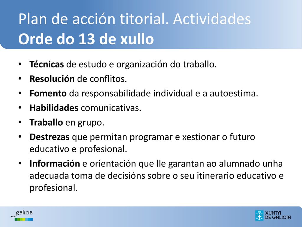 Plan de acción titorial. Actividades Orde do 13 de xullo