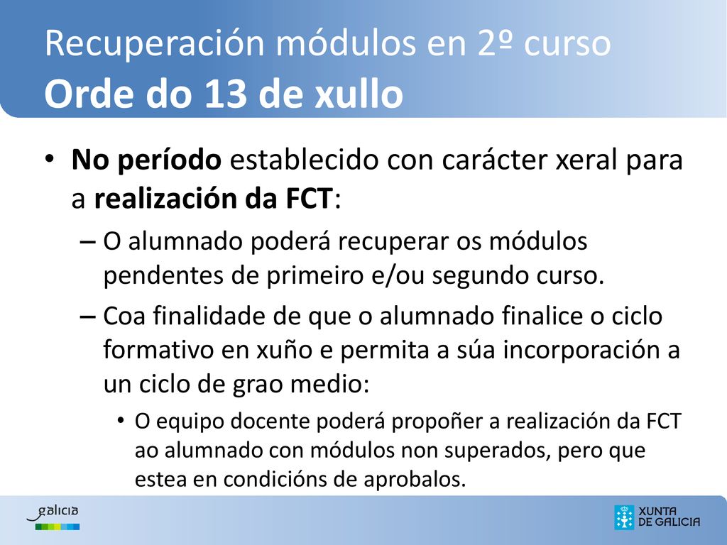 Recuperación módulos en 2º curso Orde do 13 de xullo