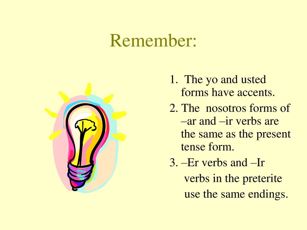 Remember: 1. The yo and usted forms have accents.