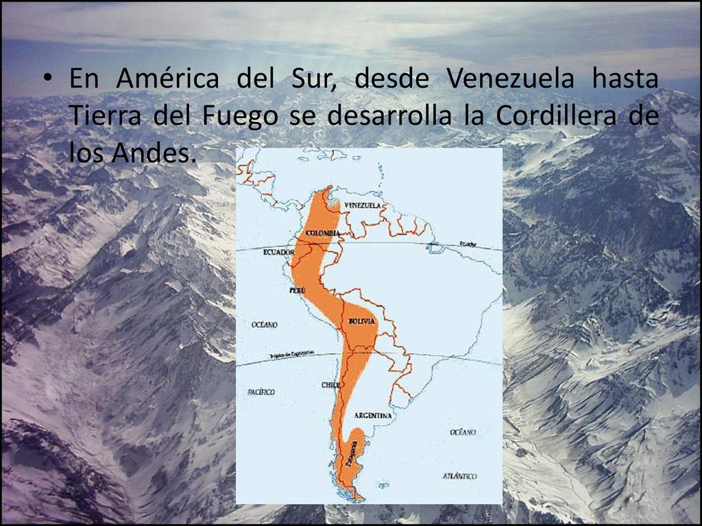 En América del Sur, desde Venezuela hasta Tierra del Fuego se desarrolla la Cordillera de los Andes.