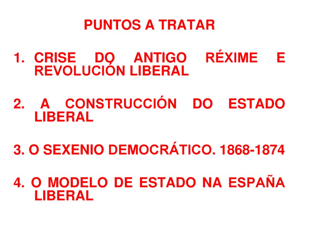 PUNTOS A TRATAR CRISE DO ANTIGO RÉXIME E REVOLUCIÓN LIBERAL. 2. A CONSTRUCCIÓN DO ESTADO LIBERAL. 3. O SEXENIO DEMOCRÁTICO