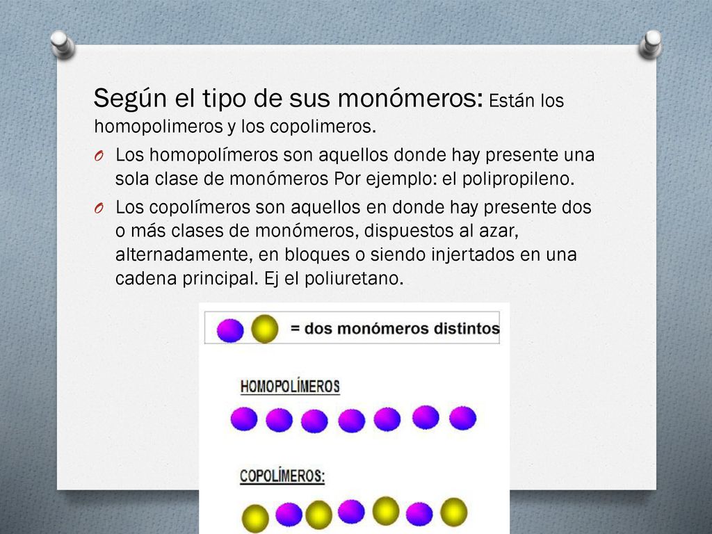 Según el tipo de sus monómeros: Están los homopolimeros y los copolimeros.