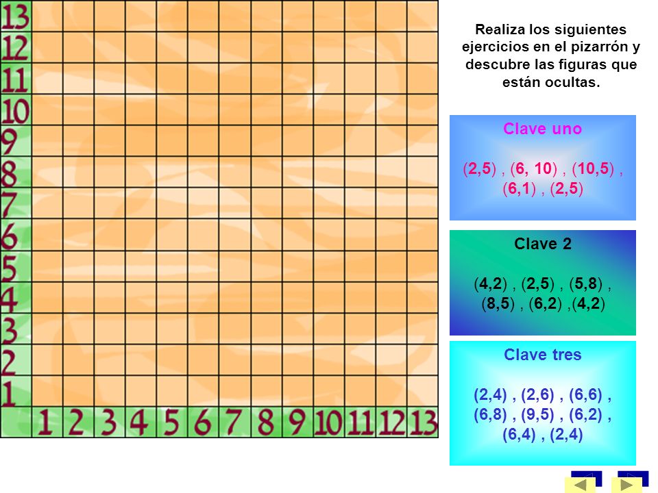 Clave uno (2,5) , (6, 10) , (10,5) , (6,1) , (2,5) Clave 2