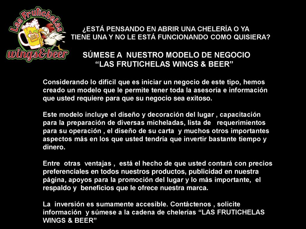 SÚMESE A NUESTRO MODELO DE NEGOCIO LAS FRUTICHELAS WINGS & BEER