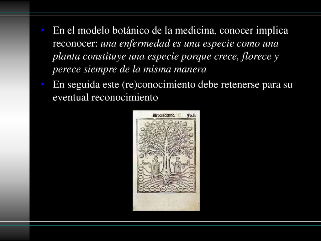En el modelo botánico de la medicina, conocer implica reconocer: una enfermedad es una especie como una planta constituye una especie porque crece, florece y perece siempre de la misma manera