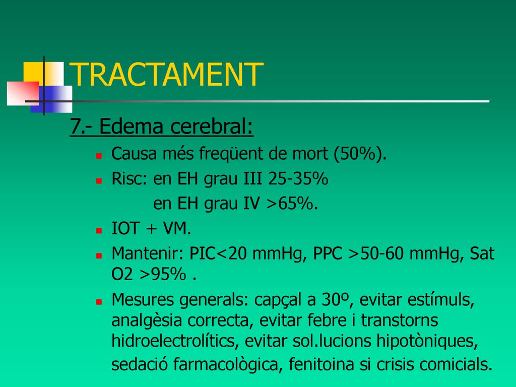 TRACTAMENT 7.- Edema cerebral: Causa més freqüent de mort (50%).