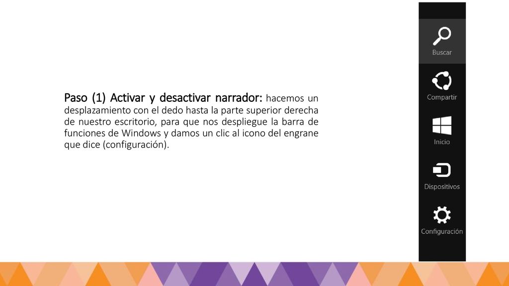 Paso (1) Activar y desactivar narrador: hacemos un desplazamiento con el dedo hasta la parte superior derecha de nuestro escritorio, para que nos despliegue la barra de funciones de Windows y damos un clic al icono del engrane que dice (configuración).