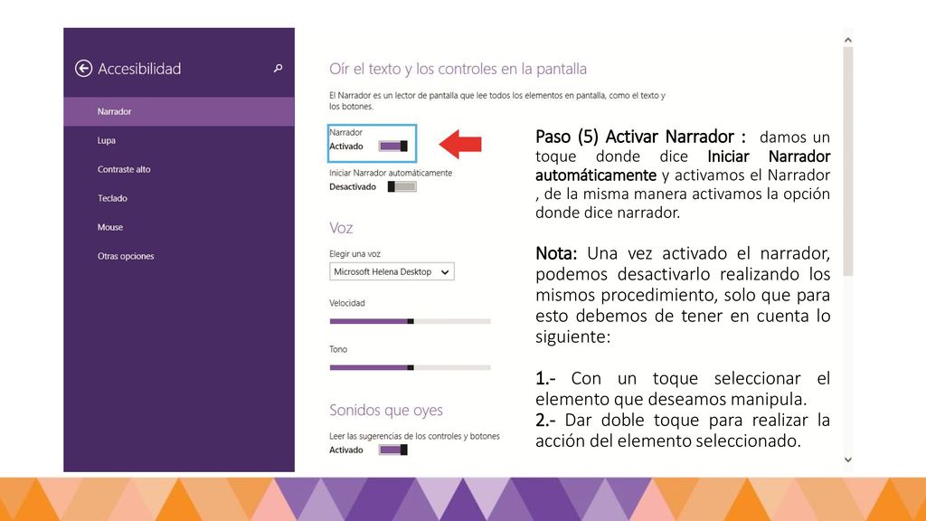 Paso (5) Activar Narrador : damos un toque donde dice Iniciar Narrador automáticamente y activamos el Narrador , de la misma manera activamos la opción donde dice narrador.