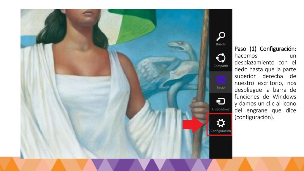 Paso (1) Configuración: hacemos un desplazamiento con el dedo hasta que la parte superior derecha de nuestro escritorio, nos despliegue la barra de funciones de Windows y damos un clic al icono del engrane que dice (configuración).