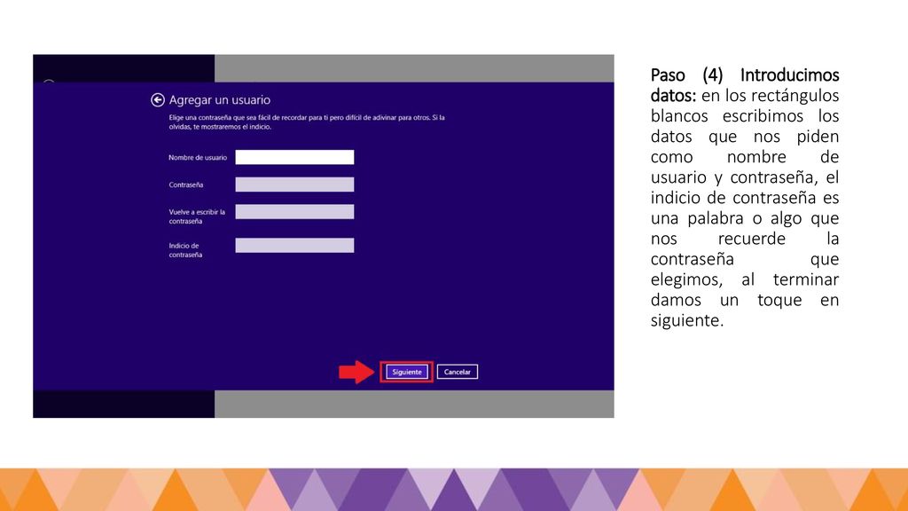 Paso (4) Introducimos datos: en los rectángulos blancos escribimos los datos que nos piden como nombre de usuario y contraseña, el indicio de contraseña es una palabra o algo que nos recuerde la contraseña que elegimos, al terminar damos un toque en siguiente.