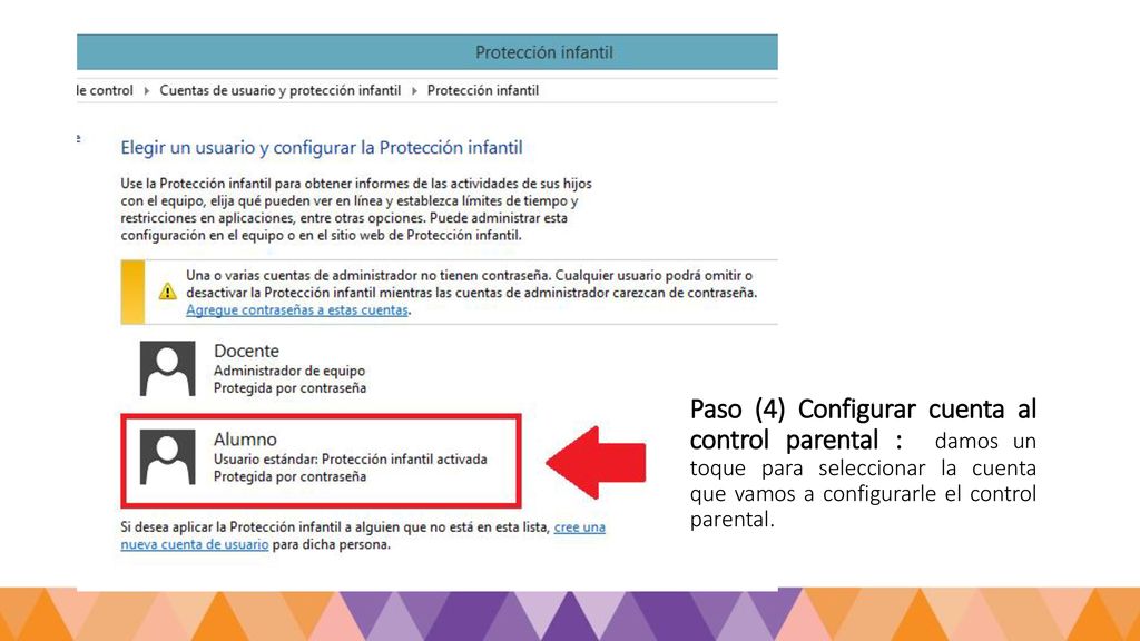 Paso (4) Configurar cuenta al control parental : damos un toque para seleccionar la cuenta que vamos a configurarle el control parental.