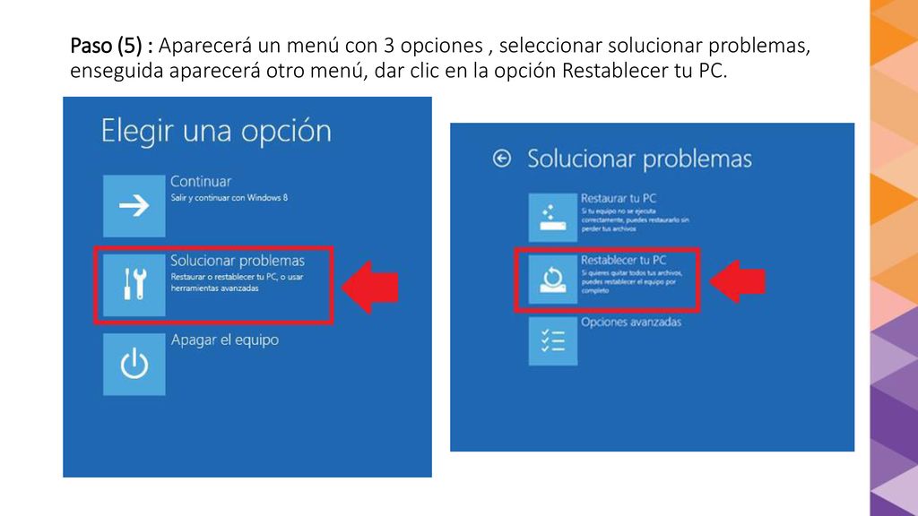 Paso (5) : Aparecerá un menú con 3 opciones , seleccionar solucionar problemas, enseguida aparecerá otro menú, dar clic en la opción Restablecer tu PC.