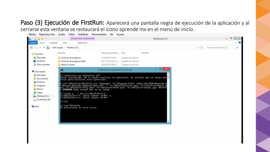 Paso (3) Ejecución de FirstRun: Aparecerá una pantalla negra de ejecución de la aplicación y al cerrarse esta ventana se restaurará el icono aprende mx en el menú de inicio .