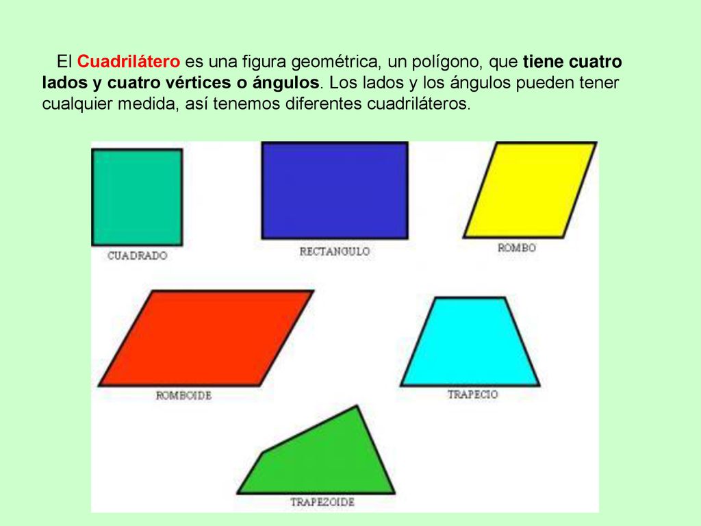 El Cuadrilátero es una figura geométrica, un polígono, que tiene cuatro lados y cuatro vértices o ángulos.