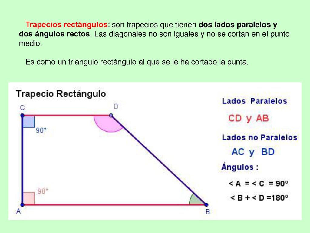 Trapecios rectángulos: son trapecios que tienen dos lados paralelos y dos ángulos rectos.
