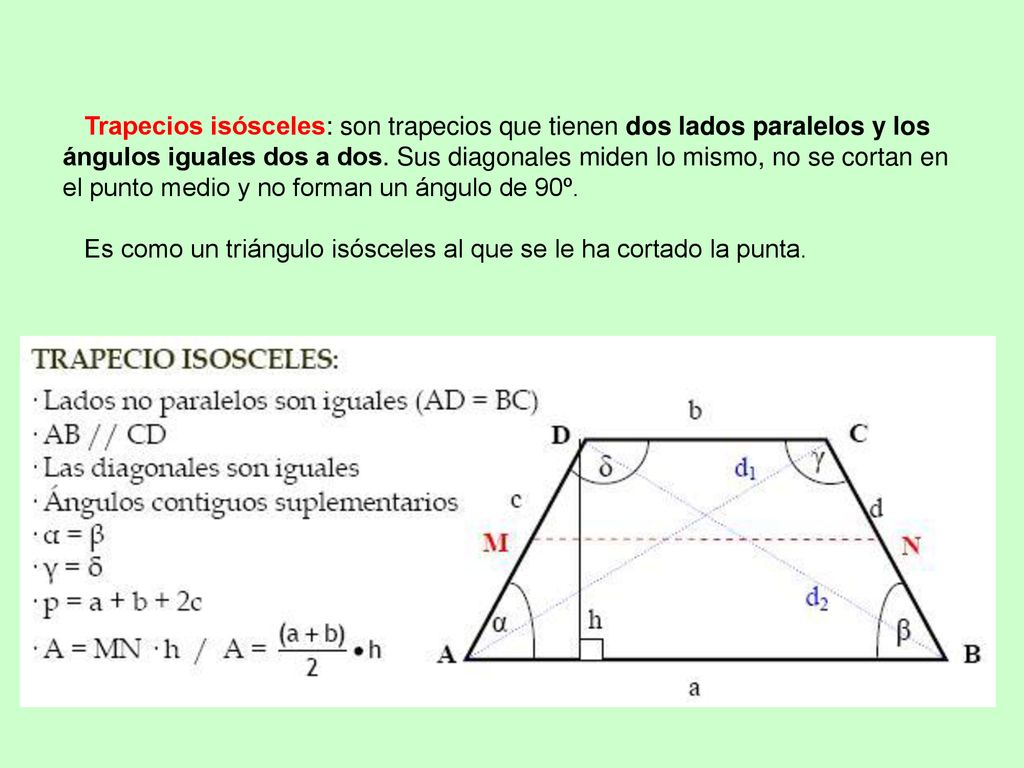 Trapecios isósceles: son trapecios que tienen dos lados paralelos y los ángulos iguales dos a dos.