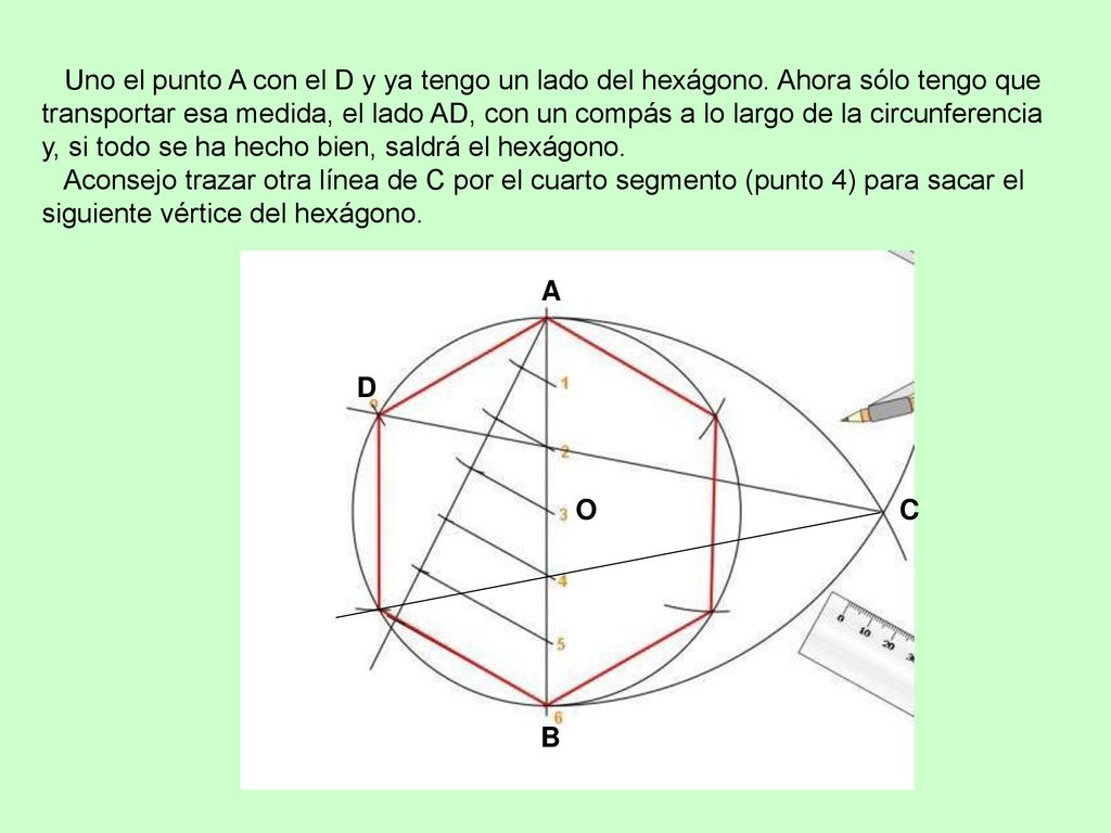 Uno el punto A con el D y ya tengo un lado del hexágono