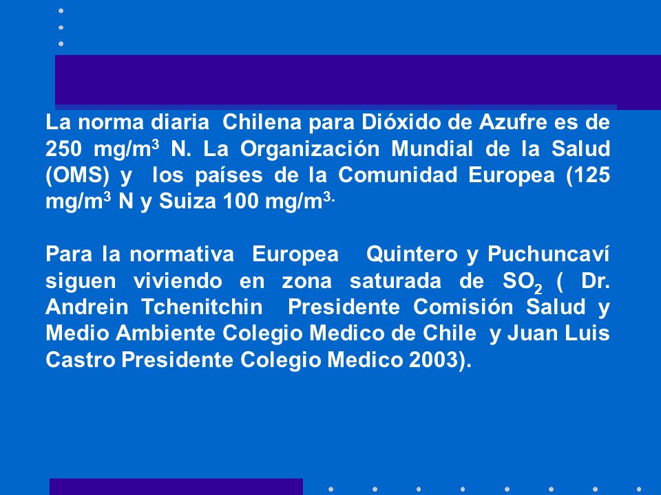 La norma diaria Chilena para Dióxido de Azufre es de 250 mg/m3 N
