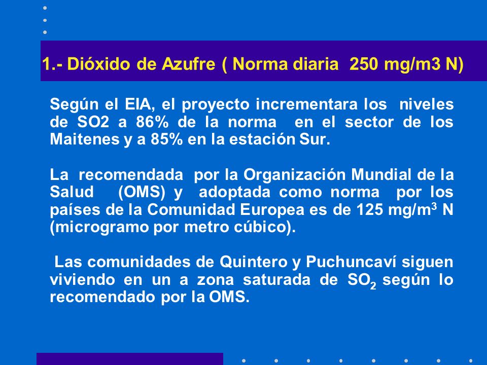 1.- Dióxido de Azufre ( Norma diaria 250 mg/m3 N)