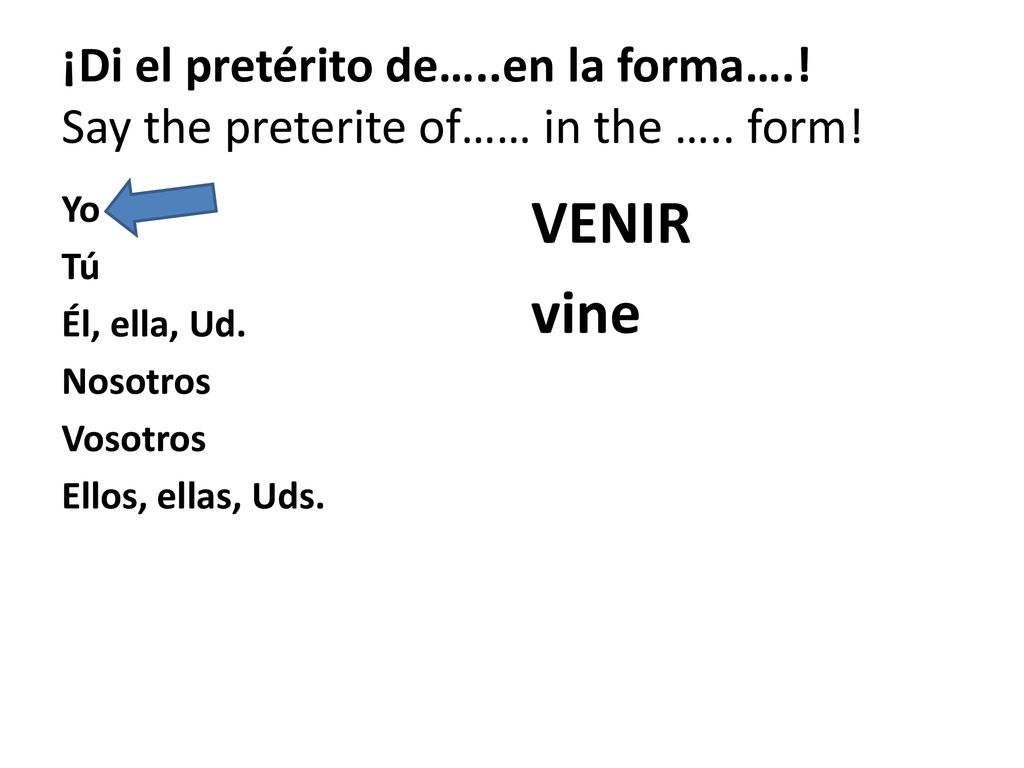¡Di el pretérito de…. en la forma…. Say the preterite of…… in the …