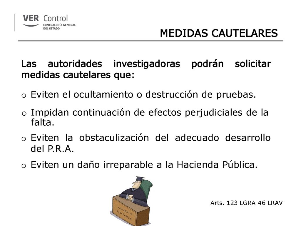 MEDIDAS CAUTELARES Las autoridades investigadoras podrán solicitar medidas cautelares que: Eviten el ocultamiento o destrucción de pruebas.