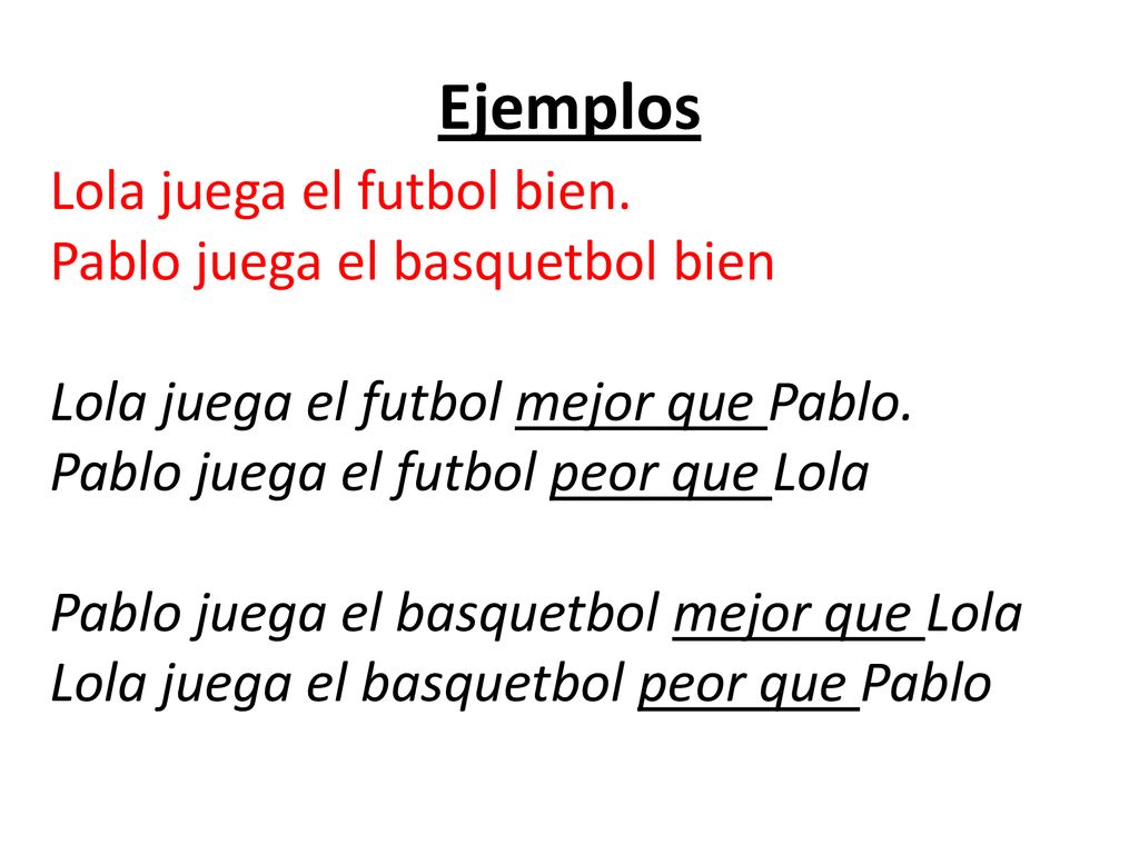 Ejemplos Lola juega el futbol bien. Pablo juega el basquetbol bien