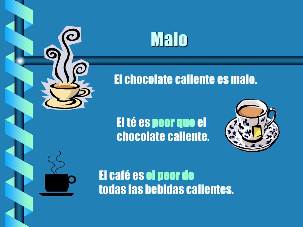 Malo El chocolate caliente es malo. El té es peor que el