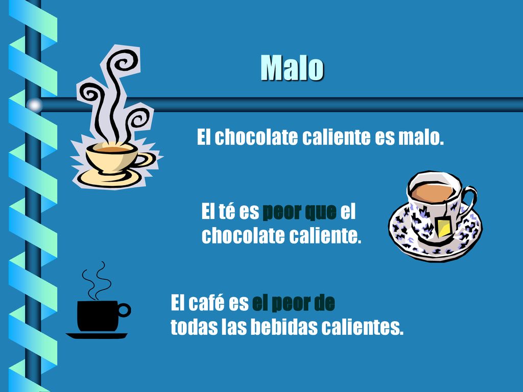 Malo El chocolate caliente es malo. El té es peor que el