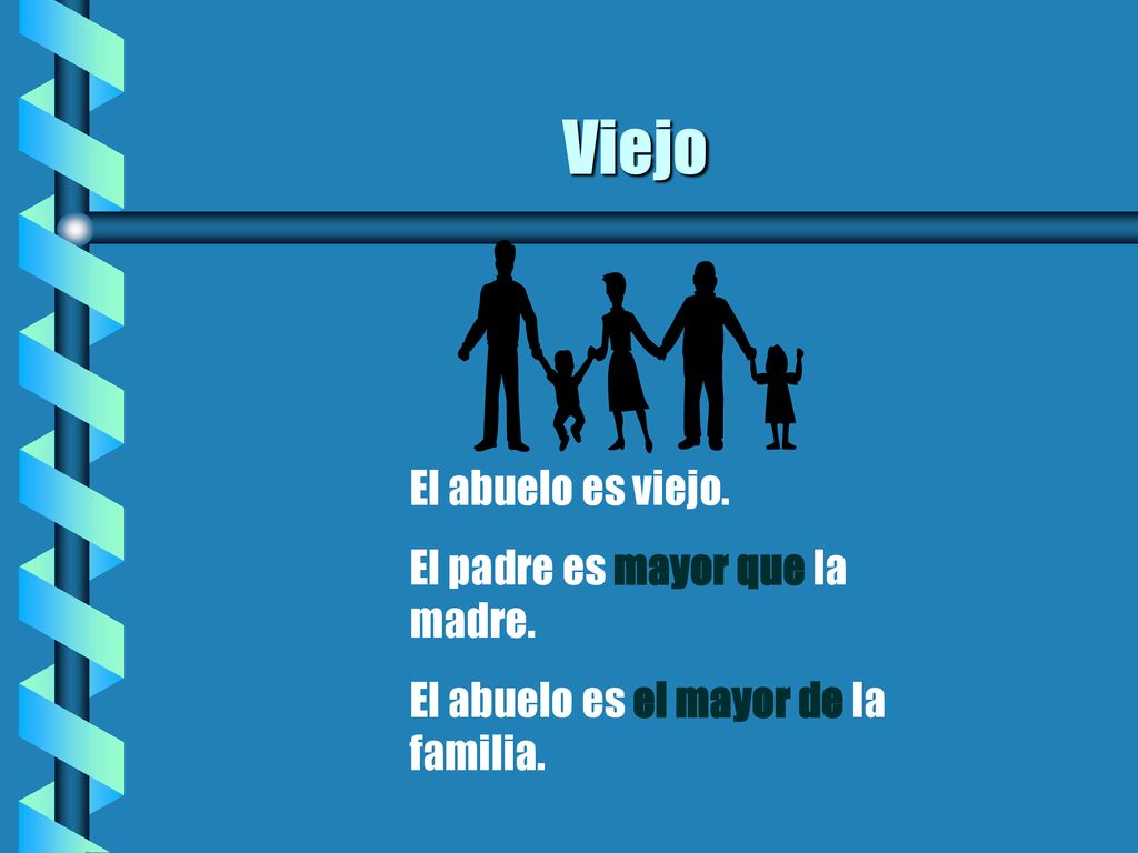 Viejo El abuelo es viejo. El padre es mayor que la madre.