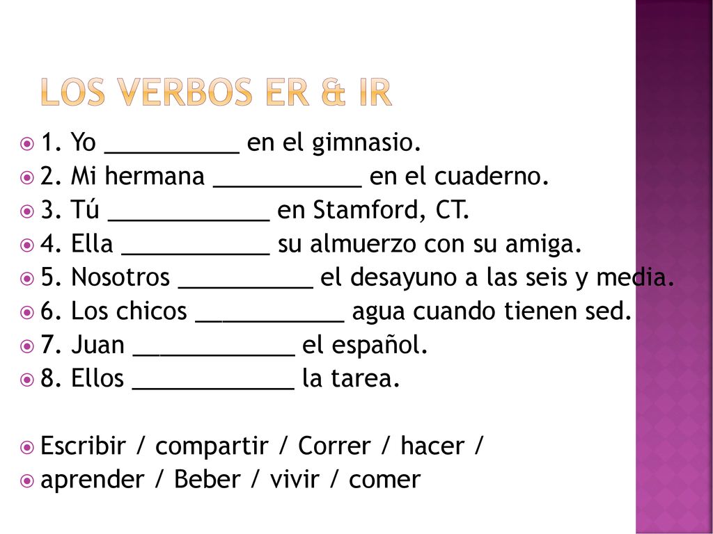 Los verbos ER & IR 1. Yo __________ en el gimnasio.