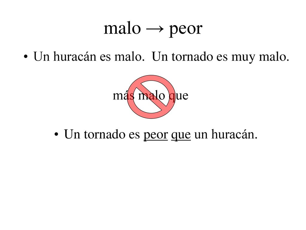 malo → peor Un huracán es malo. Un tornado es muy malo. más malo que