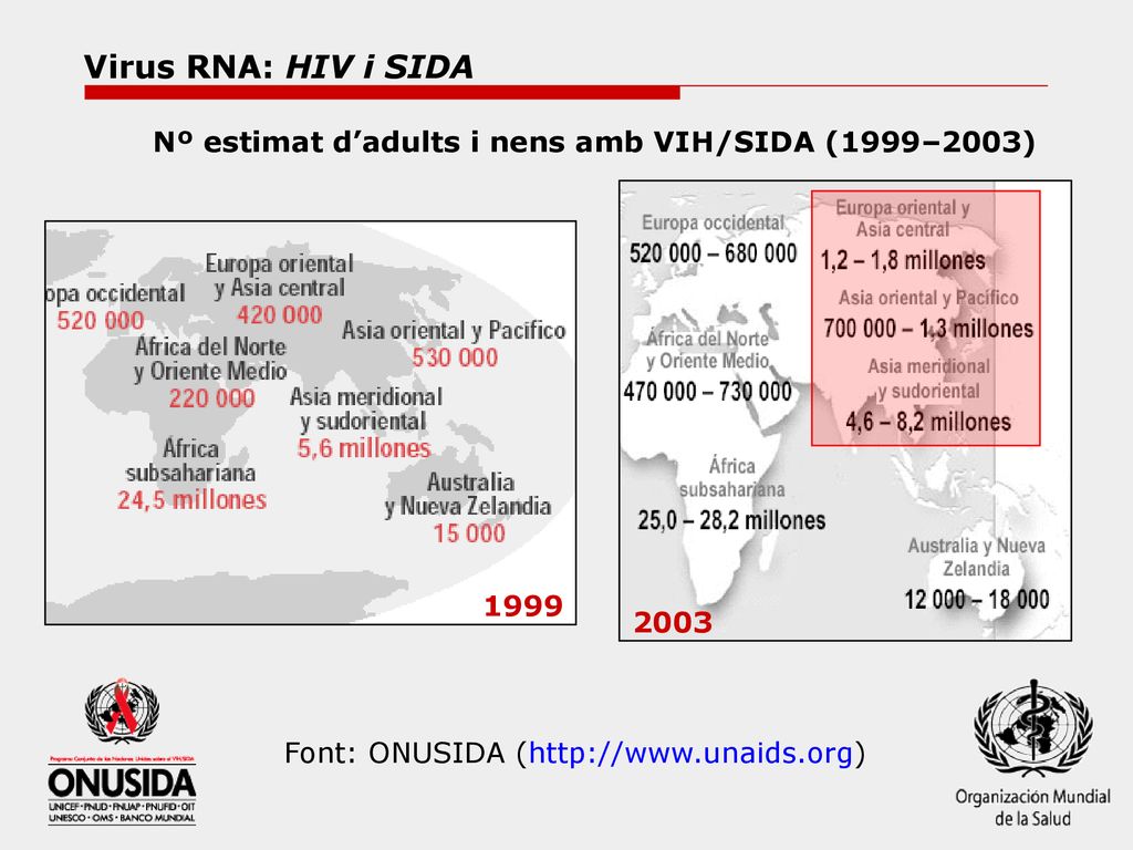 Virus RNA: HIV i SIDA Nº estimat d’adults i nens amb VIH/SIDA (1999–2003) 1999.