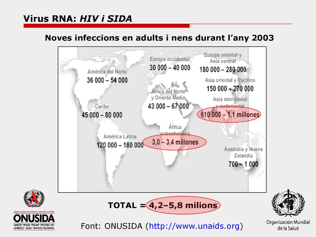 Virus RNA: HIV i SIDA Noves infeccions en adults i nens durant l’any TOTAL = 4,2–5,8 milions.