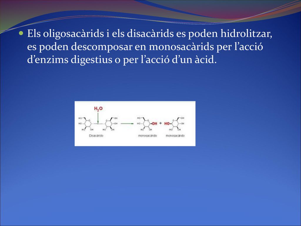 Els oligosacàrids i els disacàrids es poden hidrolitzar, es poden descomposar en monosacàrids per l’acció d’enzims digestius o per l’acció d’un àcid.