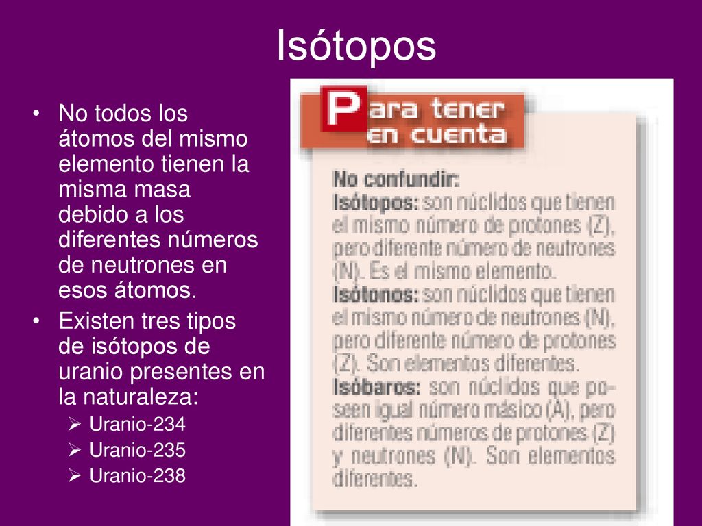 Isótopos No todos los átomos del mismo elemento tienen la misma masa debido a los diferentes números de neutrones en esos átomos.