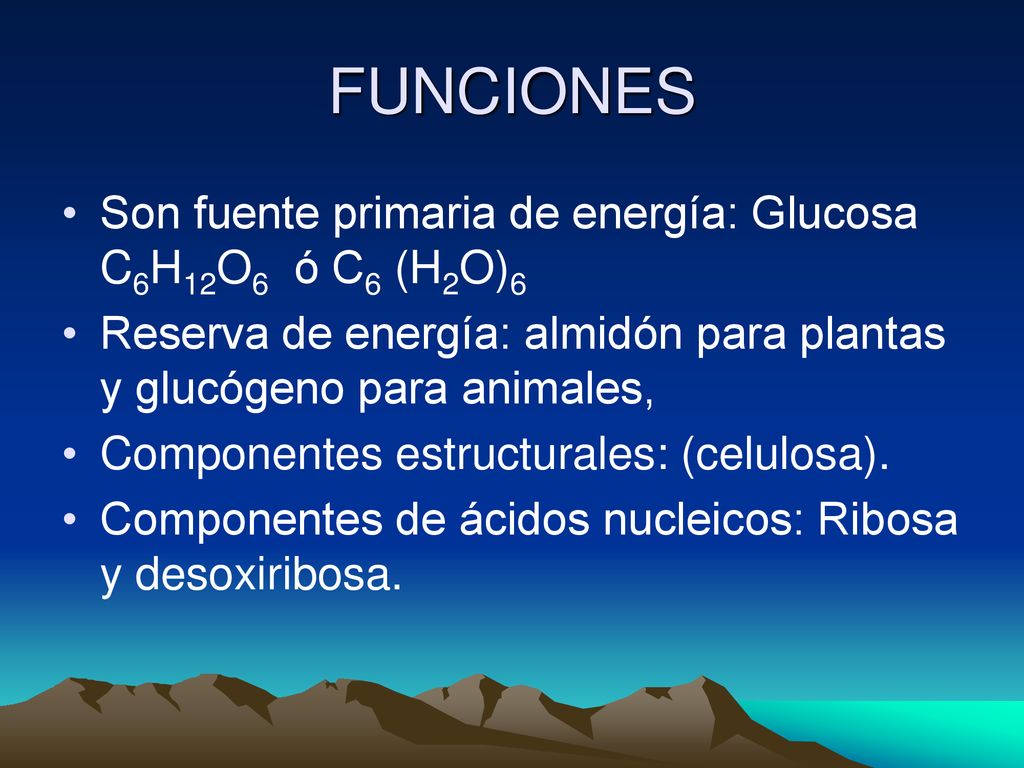FUNCIONES Son fuente primaria de energía: Glucosa C6H12O6 ó C6 (H2O)6