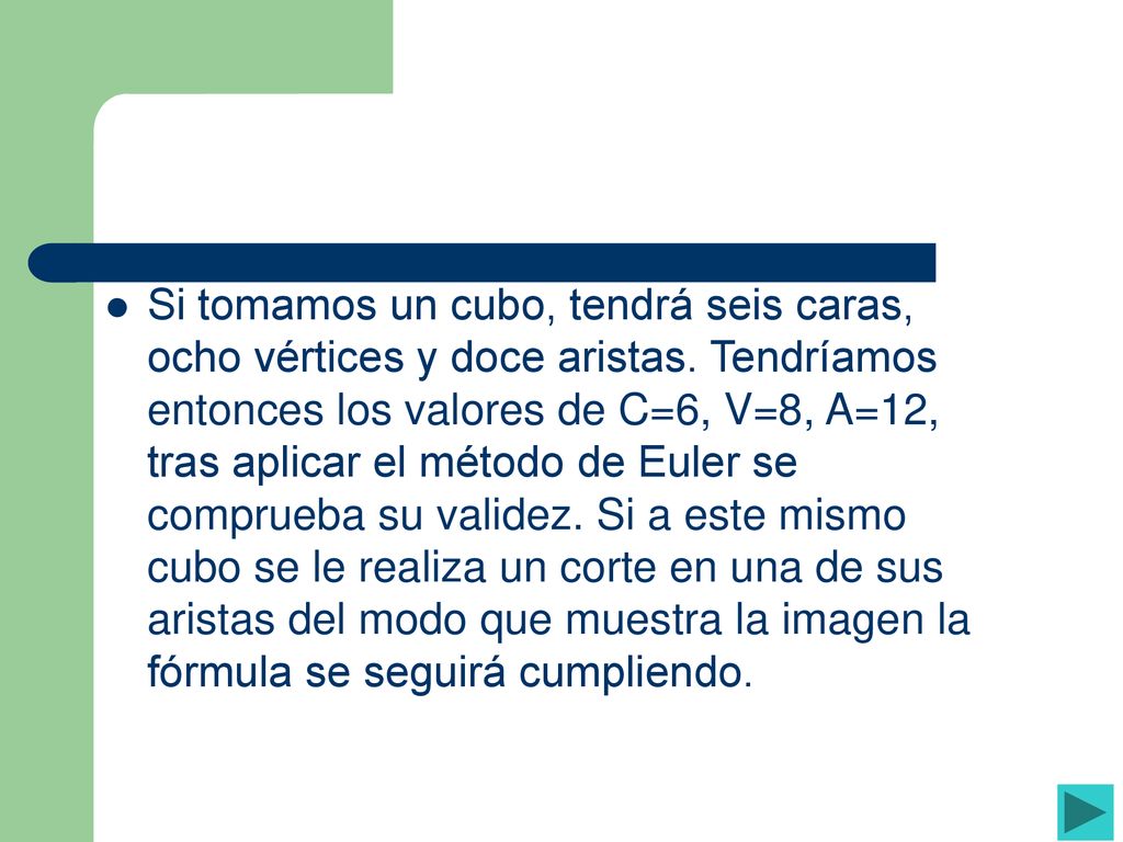 Si tomamos un cubo, tendrá seis caras, ocho vértices y doce aristas