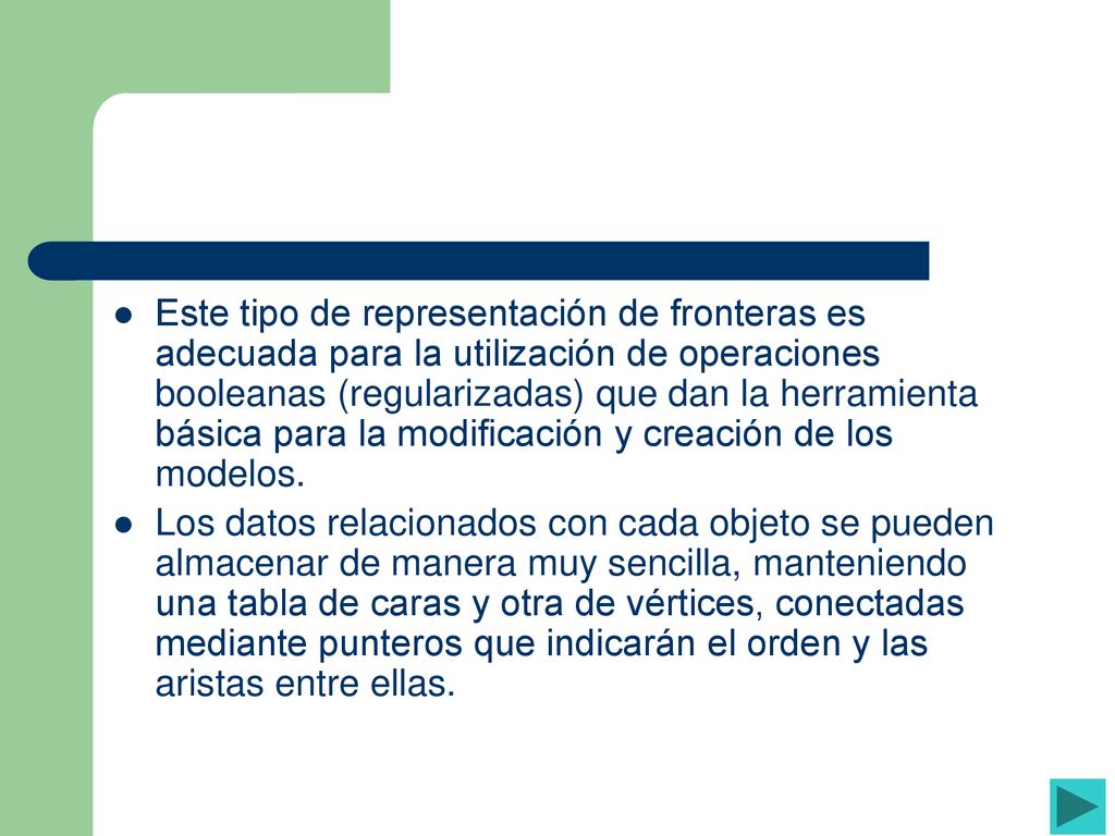 Este tipo de representación de fronteras es adecuada para la utilización de operaciones booleanas (regularizadas) que dan la herramienta básica para la modificación y creación de los modelos.