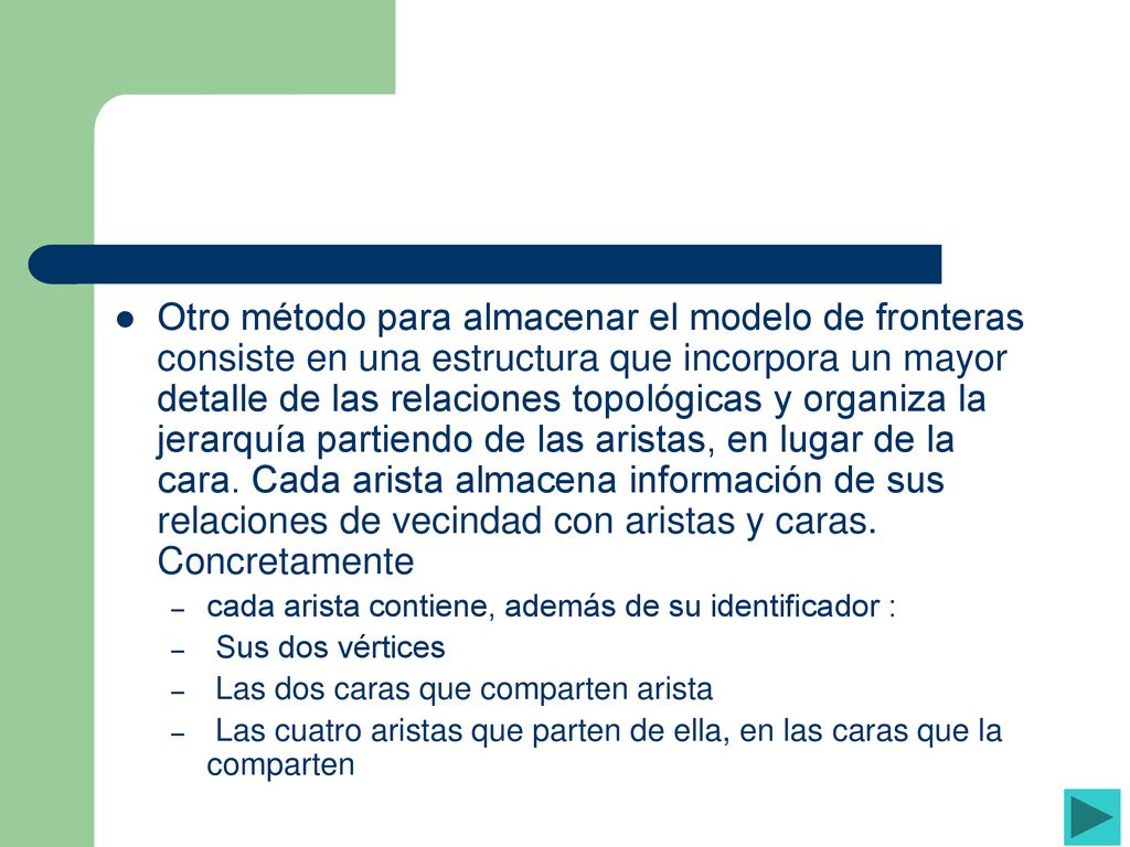 Otro método para almacenar el modelo de fronteras consiste en una estructura que incorpora un mayor detalle de las relaciones topológicas y organiza la jerarquía partiendo de las aristas, en lugar de la cara. Cada arista almacena información de sus relaciones de vecindad con aristas y caras. Concretamente
