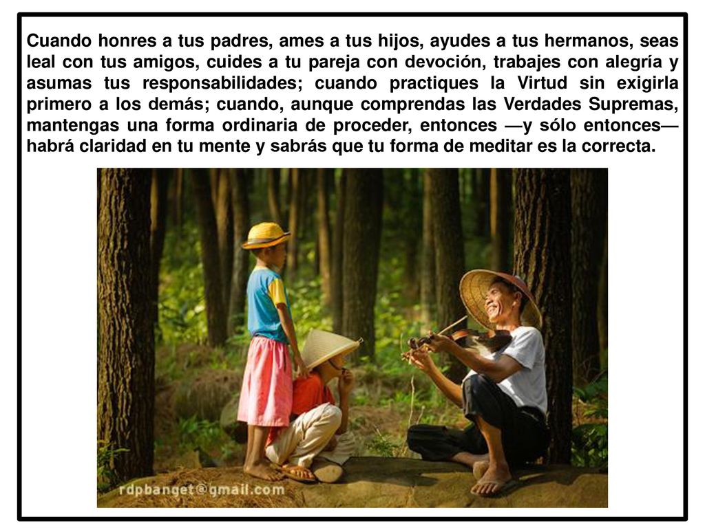 Cuando honres a tus padres, ames a tus hijos, ayudes a tus hermanos, seas leal con tus amigos, cuides a tu pareja con devoción, trabajes con alegría y asumas tus responsabilidades; cuando practiques la Virtud sin exigirla primero a los demás; cuando, aunque comprendas las Verdades Supremas, mantengas una forma ordinaria de proceder, entonces —y sólo entonces— habrá claridad en tu mente y sabrás que tu forma de meditar es la correcta.