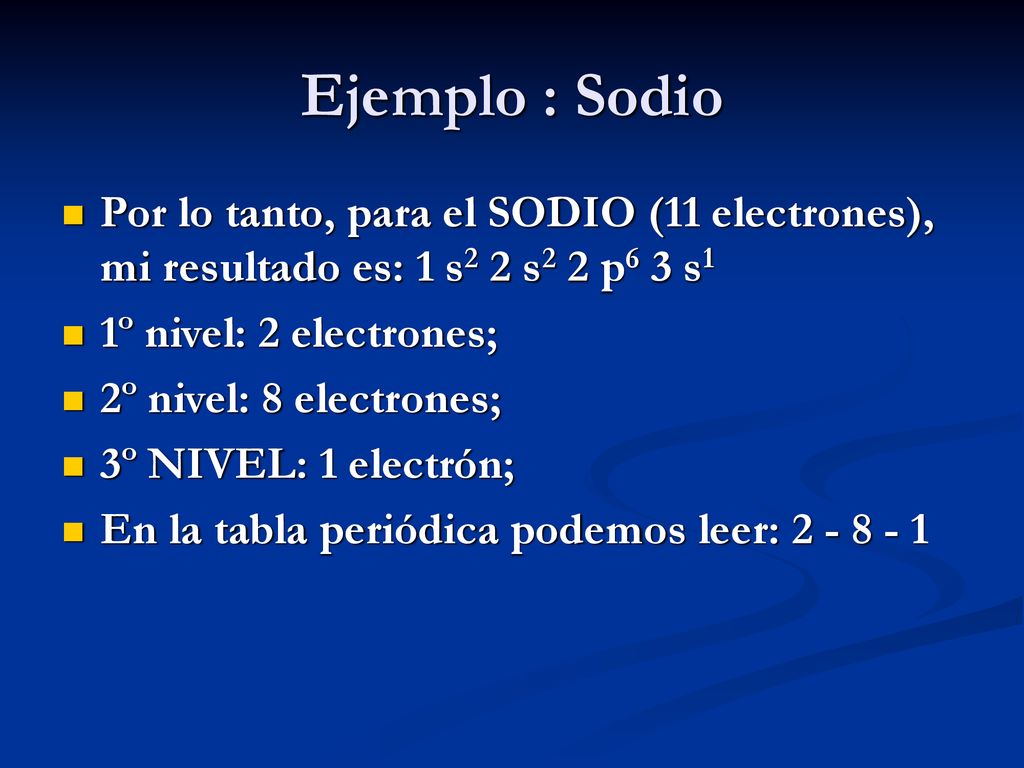 Ejemplo : Sodio Por lo tanto, para el SODIO (11 electrones), mi resultado es: 1 s2 2 s2 2 p6 3 s1. 1º nivel: 2 electrones;