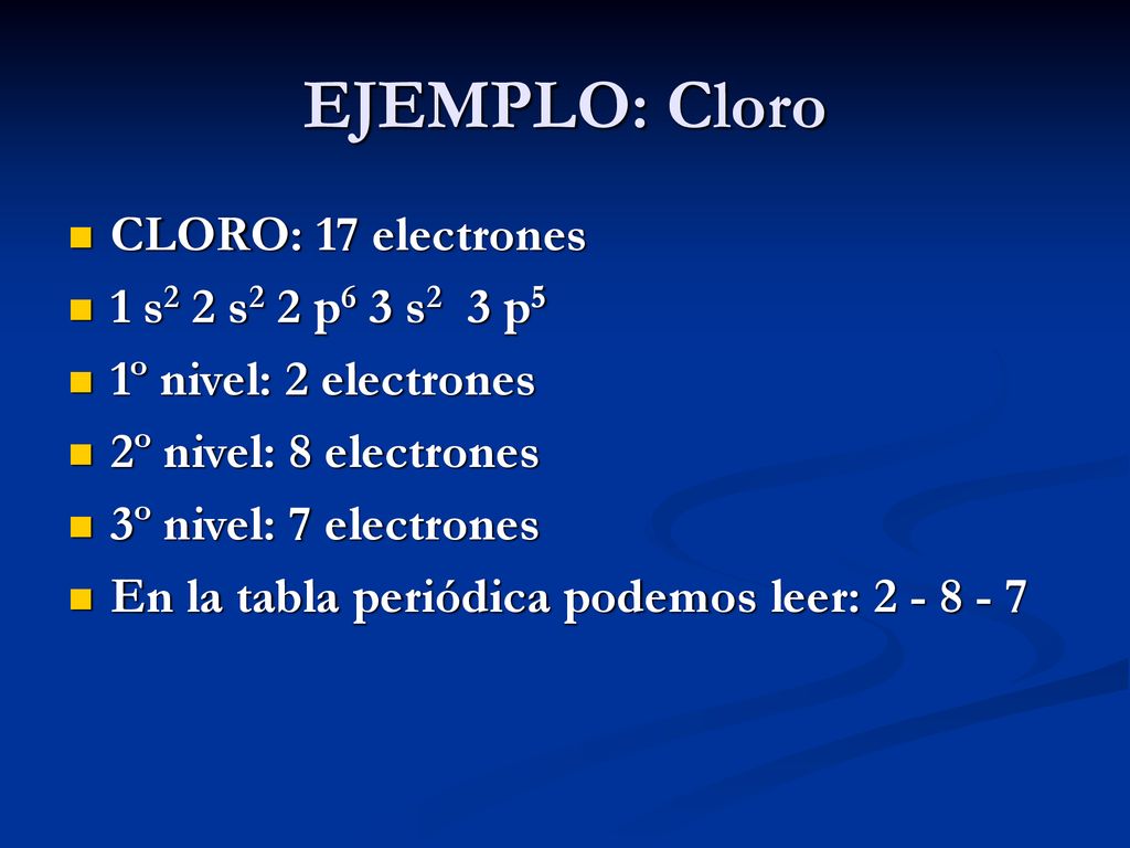 EJEMPLO: Cloro CLORO: 17 electrones 1 s2 2 s2 2 p6 3 s2 3 p5