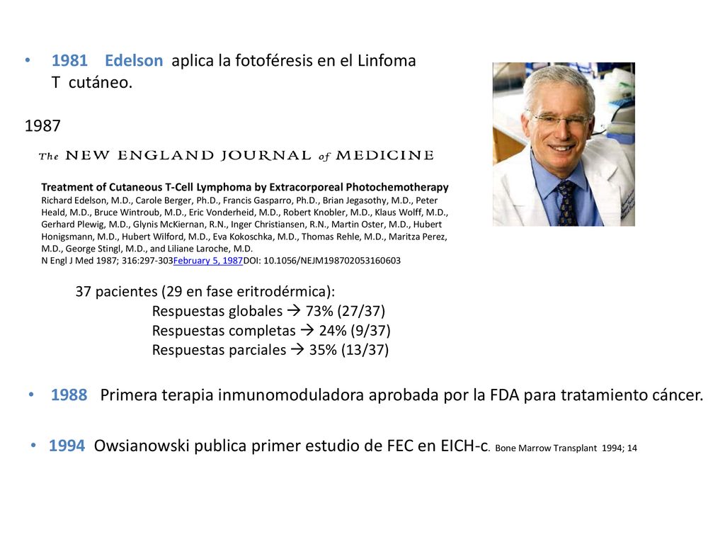 1981 Edelson aplica la fotoféresis en el Linfoma T cutáneo.
