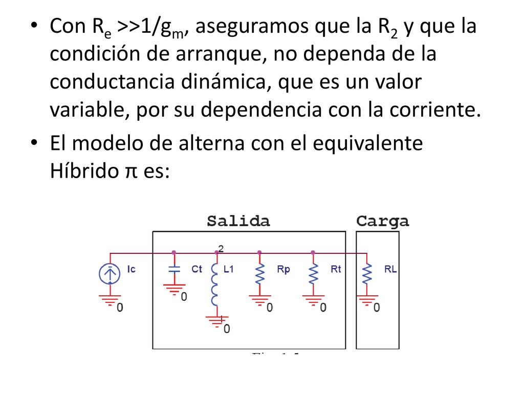 Con Re >>1/gm, aseguramos que la R2 y que la condición de arranque, no dependa de la conductancia dinámica, que es un valor variable, por su dependencia con la corriente.