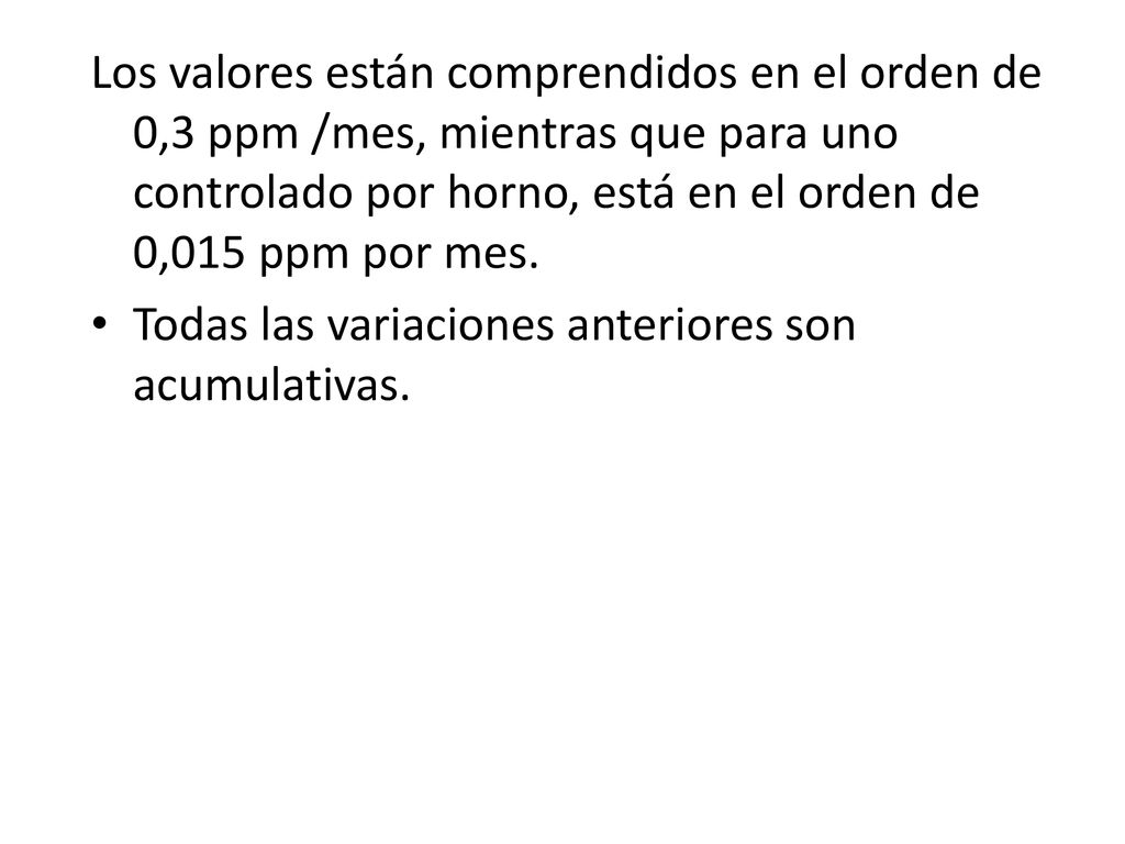 Los valores están comprendidos en el orden de 0,3 ppm /mes, mientras que para uno controlado por horno, está en el orden de 0,015 ppm por mes.