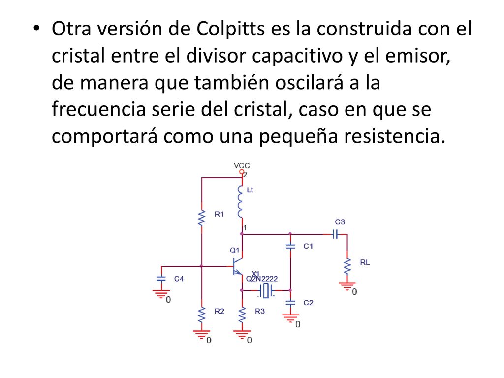 Otra versión de Colpitts es la construida con el cristal entre el divisor capacitivo y el emisor, de manera que también oscilará a la frecuencia serie del cristal, caso en que se comportará como una pequeña resistencia.