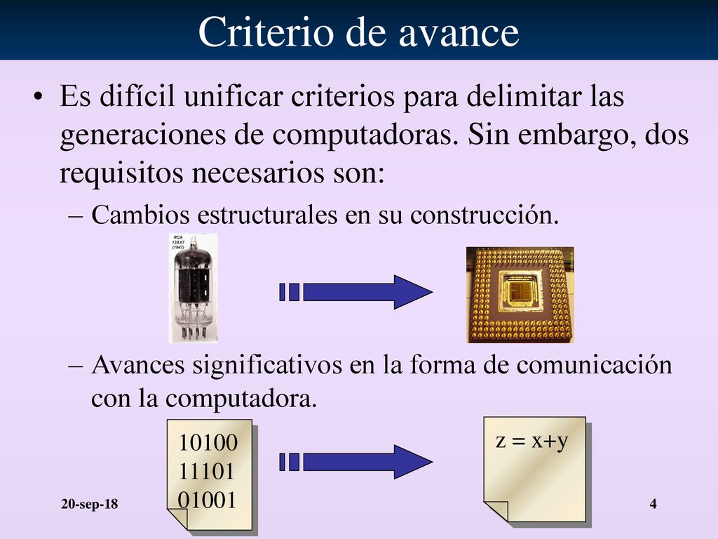 Criterio de avance Es difícil unificar criterios para delimitar las generaciones de computadoras. Sin embargo, dos requisitos necesarios son:
