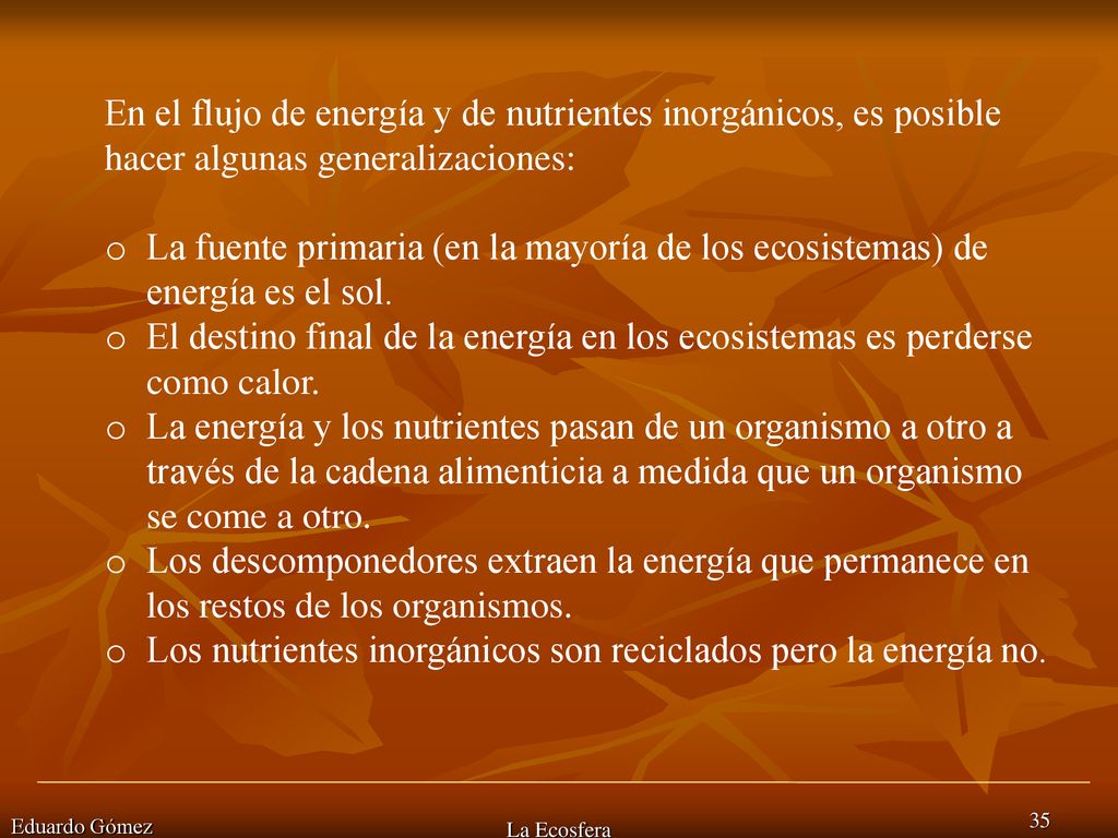 Los nutrientes inorgánicos son reciclados pero la energía no.