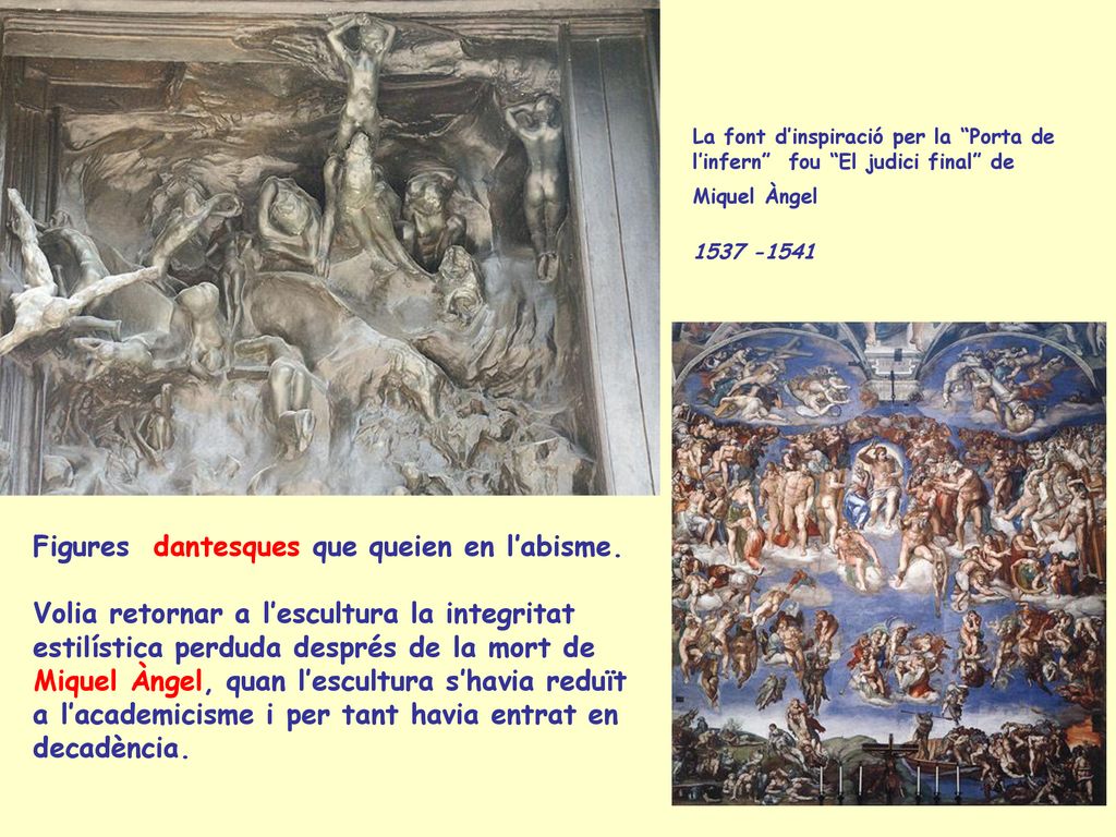 La font d’inspiració per la Porta de l’infern fou El judici final de Miquel Àngel